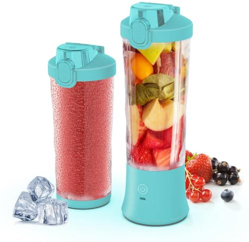 Portable Blender, Personal Blender for Shakes and Smoothies USB Rechargeable 600ml Mini Blender with 6 Blades and To Go Cup for Sports Travel Gym (Blue)