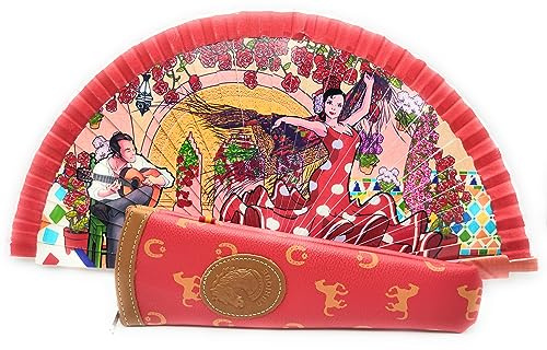 Planta Color Abanico de Mano Plegable con Funda. Preciosos Dibujos de Flores y Colores. Abanico Flamenco Español con Funda Decorar (Flores Flamenco Funda Roja)