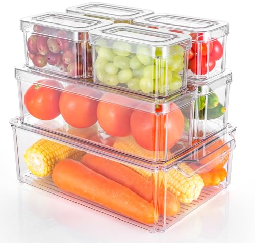 Dyserbuy Set of 7 Fridge Organisers with Lids, Stackable Storage Containers, Clear Plastic Storage Bins Box to Keep Fresh for Fruits Vegetable Freezer Kitchen Pantry Cabinet Cupboard