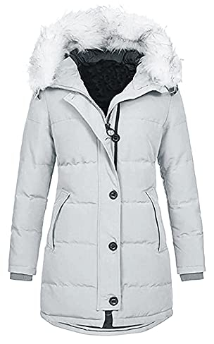DABAOK Raincoats For Women Warm Inside Drawstring Slim Faux-Fur' Coat Hoodie Padded Zipper Women Coat Fleece Hooded Winter Fashion Women's Coat Raining Coat For Women (Grey, M)