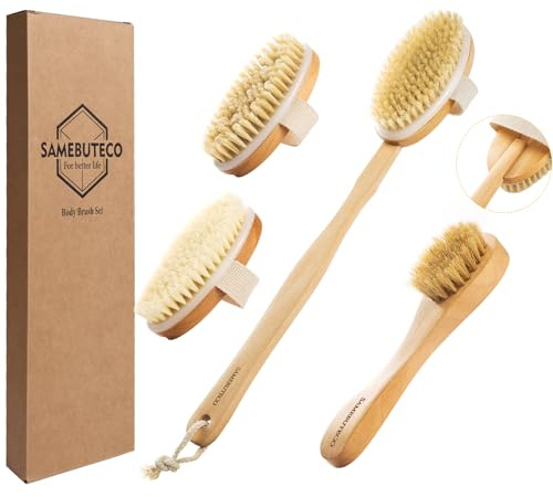 SAMEBUTECO Dry Brushing Body Brush Set with Long Handle, Natural Boar Bristle Body & Face Brush, Wooden Detachable Scrub Brush, 3 Brush Heads for Exfoliating & Body Care