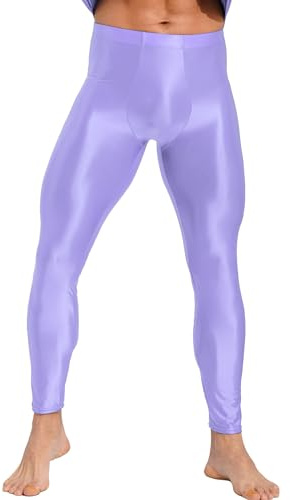 Doomiva Legging Homme Running Pantalon de Sport Collant Brillant Couleur Unie Baselayer Long pour Gym Jogging Cyclisme Violet Clair L