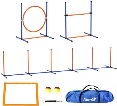PawHut Kit d'agilité pour Chien 4 pièces avec Slalom, Anneau de Saut, Haies, kit de Dressage pour Animaux de Compagnie avec sifflet, 2 balles, Sac de Transport