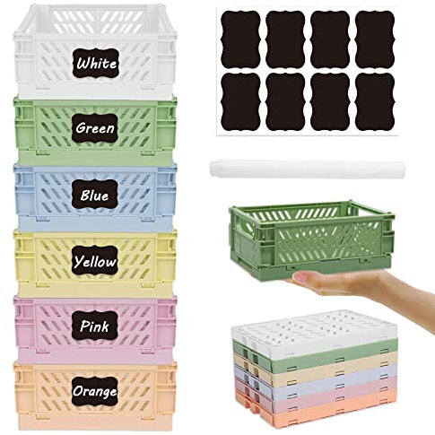 Ruucy 6 Pcs Collapsible Storage Crates, Mini Plastic Crates 15x9.8x5.7cm, Stackable Storage Baskets with White Marker + Stickers, Small Pastel Crate Desktop Storage Box for Office Kitchen Bathroom