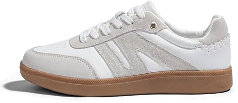LUCKY STEP Women Classic Retro Gum Sole Fashion Sneakers Casual Tennis Skate Shoe Genuine Leather Walking Footwear Anti Slip Trainers(White/Grey,8.5)