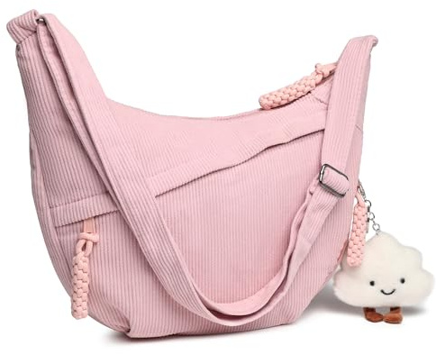Micmores Crossbody Bag Damen Umhängetasche, Cord Schultertasche Moon Bag Stylische Halbmond Tasche mit verstellbarer Schultergurt, Hobo Casual Handtasche (Rosa)