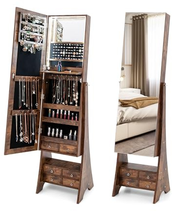 COSTWAY Armoire à bijoux avec miroir, éclairage, armoire à bijoux avec tiroirs et étagère pliable, idéale pour le maquillage (marron)