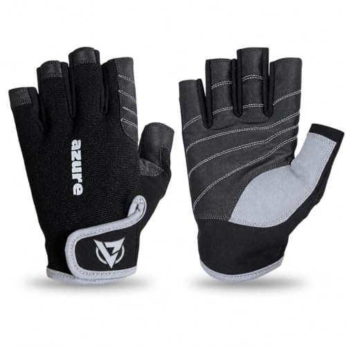 Azure Men Amara Sailing Gloves half 3/4 finger Padded Leather Palm Women fishing, Boating, Kayaking, Surfing, Canoeing Grey/Black XS