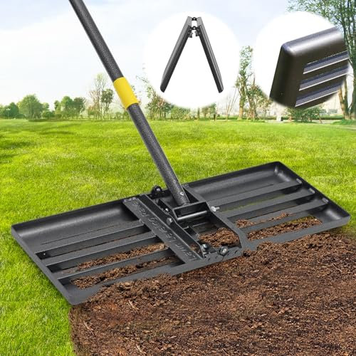 Lawn Leveling Rake with 30x10 Foldable Curved Ground Plate, Heavy Duty 72 Long Handle Lawn Leveler Tool for Leveling Compost Soil Dirt Sand Grass Peat Moss