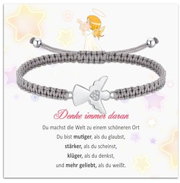 RoseJeopal Schutzengel Taufe Armband für Mädchen,Verstellbarem Geflochtenem Seil Schutzengel Armband, Konfirmation Kommunion Geschenke für Tochter Frauen Kinder (Grau)