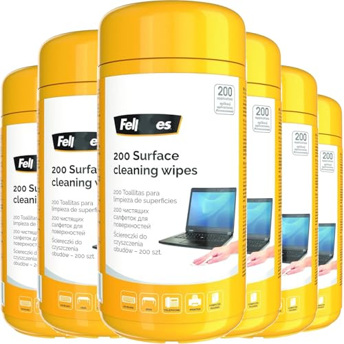 6 x Fellowes Performance 200 Pack Multi Surface Tech Wipes Tub | Anti-Static & Alcohol Free | Remove Dirt/Grease Work Space & Devices | 1200 Wipes in Total