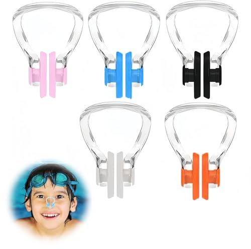 Lot de 5 pince-nez de natation multicolores avec étui portable (2,5 x 3,5 cm) pour enfants de 6 ans et plus, silicone durable et ajustement ergonomique