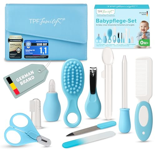 TPFFamily Set Cuidado Bebé – en azul – Kit bebe recien nacido con tijeras, aspirador nasal y cepillo – Kit higiene bebepara rutina diaria y básicos de aseo para recién nacidos.