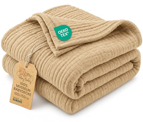 Totsy Baby Coperta mussola neonato cotone 100 x 150 cm - Plaid garza coccola teli muslin lenzuolo bambino sottile fasciatoio trapunta leggera neonati tessuto traspirante per bimbi Oeko-Tex Beige
