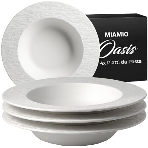 MIAMIO – 26 cm, Set of 4 Pasta Plates, Large deep Soup Plates, Modern Ceramic Tableware in Black and White, Microwave and Dishwasher Safe – Oasis Collection (White)