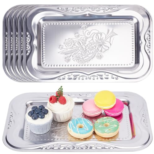 ORIGACH Juego de 6 bandejas grandes plateadas de 13.78 x 8.58 pulgadas, bandeja rectangular con borde floral grabado, platos de vajilla de acero inoxidable para galletas, postres, exhibición de boda y