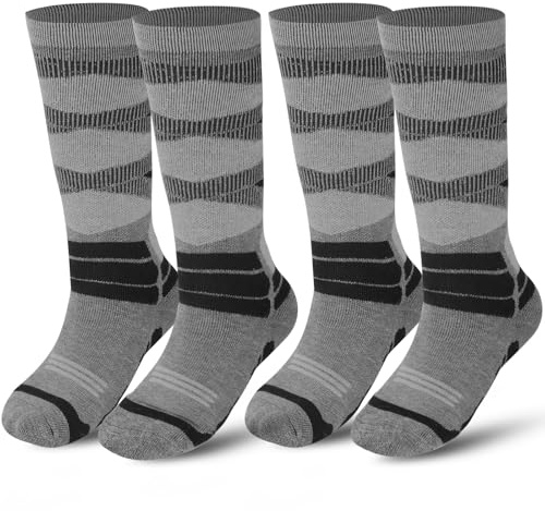wanchel Warm Children's Ski Socks - 2 Pairs of Merino Wool and Cotton Ski Socks, Knee-Length Winter Warmth, Snowboard Thermal Socks for Boys, Girls and Toddlers, Grey-newstyle, 31-34