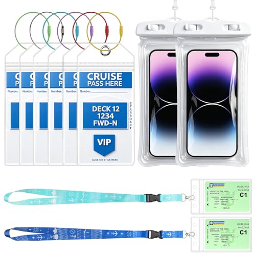 6 etiquetas para equipaje para cruceros, 2 fundas para tarjetas de identificación con cordón y 2 fundas impermeables para teléfono móvil para AIDA, TUI y MEIN SCHIFF