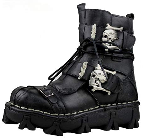 Lorie & Knight Mens Black Genuine Leather Military Army Boots Gothic Skull Punk Motorcycle Boots 11.5 Wide