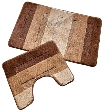 oKu-Tex Design Badematte Antirutsch Set 2 Teilig, rutschfest & waschbar, Badvorleger 60 x 100 cm für das Badezimmer, WC Vorleger mit Ausschnitt 50 x 60 cm, gestreift, braun beige