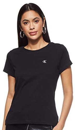 Calvin Klein Jeans Women's Ck Embroidery Slim Tee J20j212883 S/S Knit Tops, Black, XS