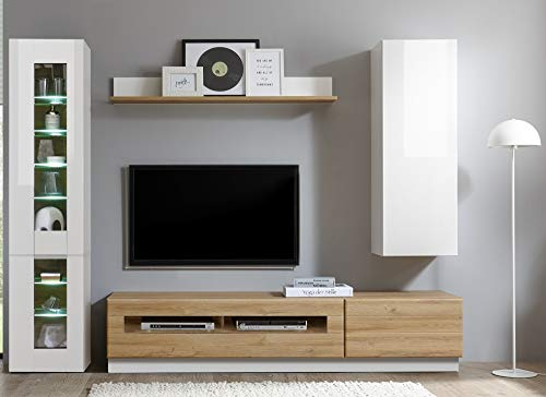 Wohnkombination Roana V weiß/Grandson Oak hell Dekor 275(255) x200x38-48cm Wohnzimmermöbel Wohnzimmerschrank Wohnzimmerschrank Stauraumelement modern Größe ohne Beleuchtung