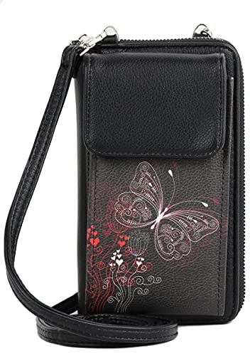 irisaa Kleine Handy Umhängetasche, Geldbörse Damen Brieftasche RFID Schutz Crossbody Handytasche Reisepass mit Kartenfächern und Verstellbarem Schultergurt, Damen Tasche:Schwarz Schmetterlinge