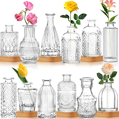 Glasvase, 12 Stück, kleine Glasvasen für Blumen, Vintage-Blumenflasche, kleine Knospenvasen für Blumenarrangements, dekoratives Tafelaufsatz, Tischdekoration, Heim-Hochzeitsfeier