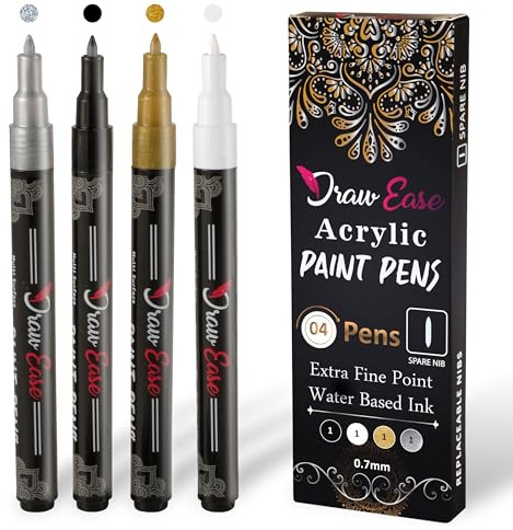 Draw Ease Acrylic Paint Pens Set of 4 Colors, 0.7mm Tip Glitter Glass Pens with Extra Fine Point & Water Based Ink - Acrylic Pens for Porcelain, Wood, DIY Craft, Mug Design, Rock Painting & Ceramic