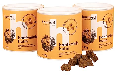 Hanf Minis für kleine Hunde, Snack für Hunde in Würfelform - Getreidefrei, bessere Konzentration, Naturprodukt aus Österreich - 3 x 90g (Huhn)