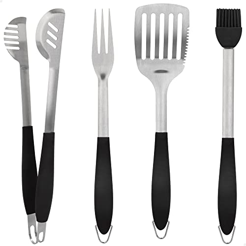 AKTIVE 63011 - Set Utensilios para Barbacoa 4 Piezas, Pinzas para Barbacoa, Espátula, Tenedor trinchador y Brocha, Juego de Utensilios para barbacoas, Herramientas para Parrilla