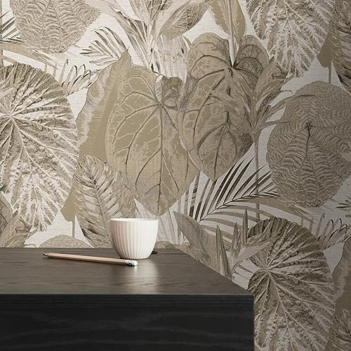 Djungeltapet beige taupe – Livingwalls Famous Garden 393551 – fibertapet – 10,05 m x 0,53 m – Made in Germany
