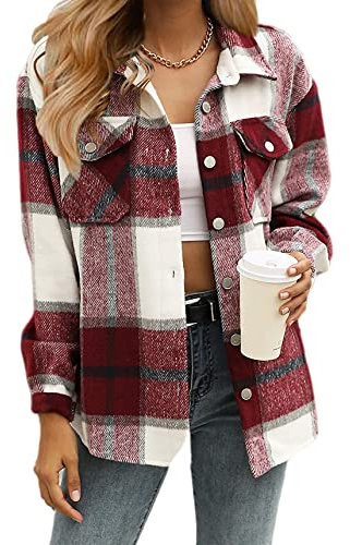 Timuspo Damen Flanellhemd Shacket Mantel Lange Ärmel Karierte Hemdjacke Baumwolle Revers Button-Down-Bluse