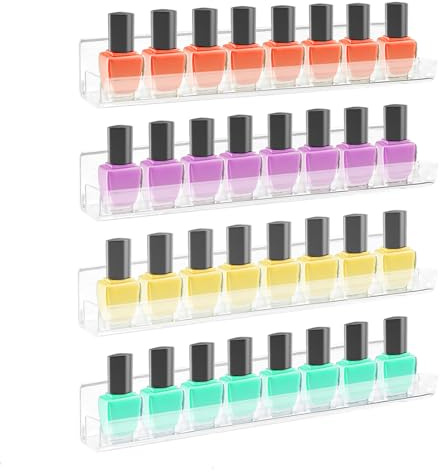 ROYALITA 4-Pack Acrylic Shelves - Nail Polish Organizer Wall Mounted Shelves, Nail Polish Rack with Removable Anti-Slip End Inserts, Nail Polish Holder for Bottles Nail Polish Display & Storage Shelf