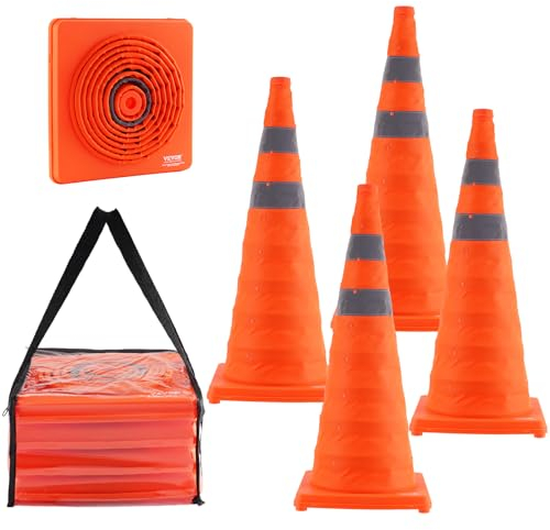 VEVOR Cône Signalisation Réfléchissant 4 Pièces 70 cm Plot de Chantier Pliable et Portable Cône de Sécurité Large Base avec Sac de Transport pour Délimitation Stationnement d’Urgence en Route Parking