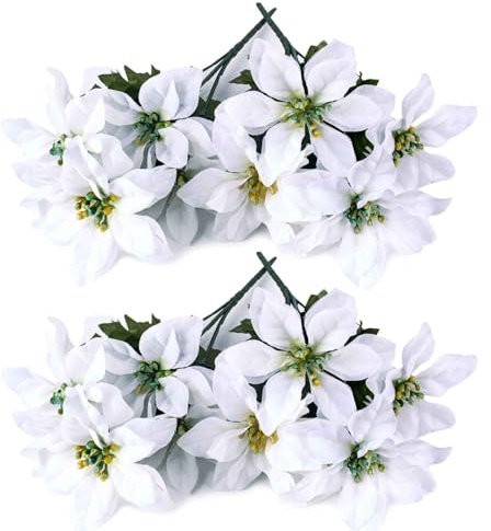 AWAVM Konstgjorda julstjärnsbuskar, 4-pack 6 huvuden silkestyg jul röd bukett, falska blommor för jul, 35 cm/13,8 tum (vit)