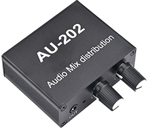AU-202 - Mezclador estéreo de 2 entradas y 2 salidas, distribuidor de audio para auriculares, potencia externa, control de volumen solo