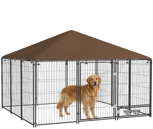 PawHut Recinto per Cani da Esterno, Box per Cani in Acciaio 211x211x151 cm con Tetto Anti-UV, Impermeabile, Ciotola Girevole, Kennel Recinzione Spazioso per Cuccioli, Giardino, Nero e Marrone