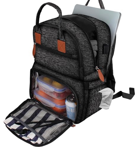 zonyee Laptop-ryggsäck med isolerad kylväska, 2-i-1 lunchväska stort förvaringsutrymme, 24 L vattentät lunchväska män kvinnor för resor läger arbete affärer, Svart, M