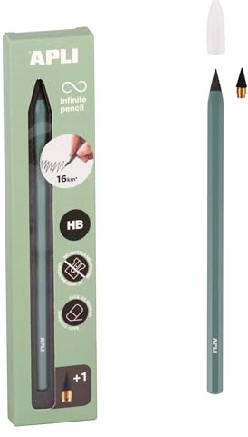 APLI 19801 - Lápiz infinito con cuerpo verde, lápiz eterno sin tinta con mina de recambio