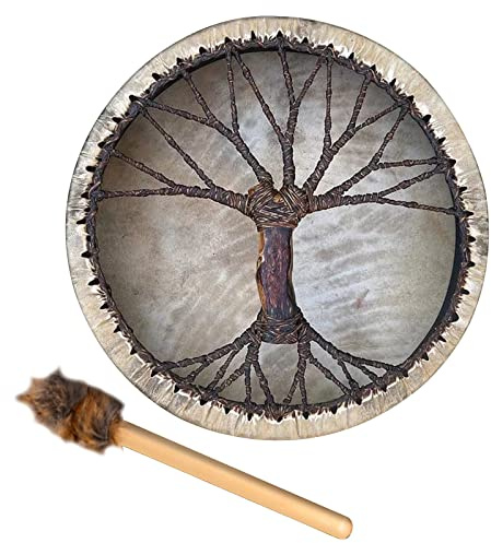 Msiud Tamburo Sciamanico, Da Stadio Con Manico Di Sciamanico Fatto A Mano Racchetta Per Rituali Sciamanici E Meditazione Alchimia Sciamanica Pelle Pecora Strumento Rotondo Vintage (25cm Tree)