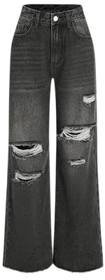 CIDER Women’s Ripped Jeans High Waisted Distressed Baggy Straight Wide Leg Pants: Carbon, S