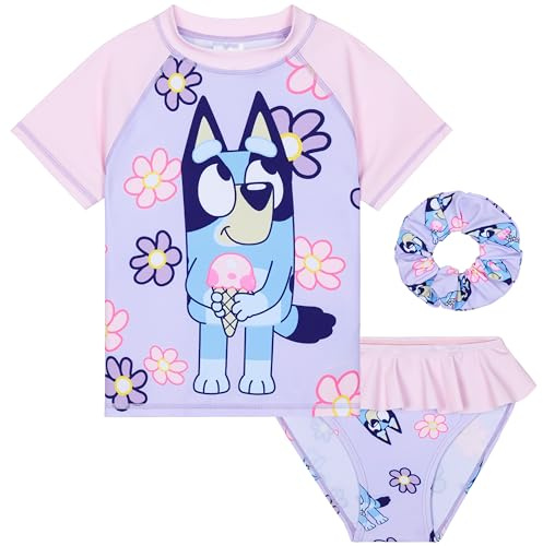 Bluey Girls Swimming Costume Long Sleeve Swimsuit or One Piece or Rash Guard Set for Kids Toddlers Swimwear for Pool Beach Holiday Essentials (3-4 Years, Lilac with Scrunchie)
