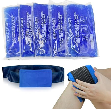 SURGICALMED - Lot de 5 poche de gel Chaud Froid réutilisables (26 x 15 cm) - Comprend 1 Housse en Tissu Multipositions bande de compression - Poche de Glace - Pour le Réfrigérateur et le Micro-ondes