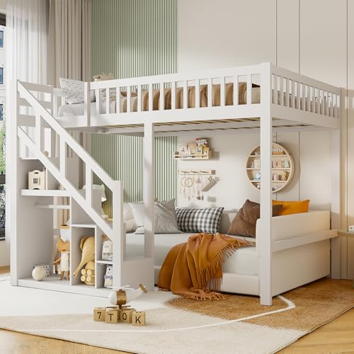 TITA-DONG Våningssäng 90 x 200 cm, loftsäng med trappa och förvaringsskåp, ungdomssäng, med ribbotten och skydd, dubbelsäng, våningssäng för barn och vuxna, massivt trä, vitt