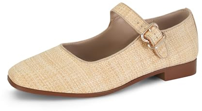 DOEYG Raffia Woven Mary Jane Ballet Flats for Women Square Toe Buckle Strap Ballerina Flats Comfortable Dress Shoes Tan Size 8.5