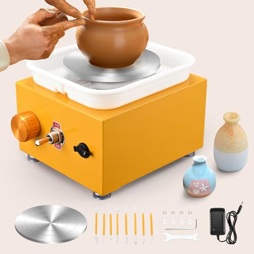 Mini Pottery Wheel, Ovshnrr 2 Plates Turntable 10/6.5cm Pottery Machine, 2000RPM Adjustable Speed Pottery Wheel with Shaping Tools for Pottery DIY, Pottery Teaching, Children and Beginner(Yellow)