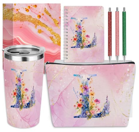 Personalized Gifts Monogrammed Birthday Gifts for Women, Mama New Mom Thanksgiving Wedding Christmas Initial 20 oz Tumbler, Makeup Bag Cup Pens Journal Notebook 6 Set, (Aesthetic Pink Flower L)