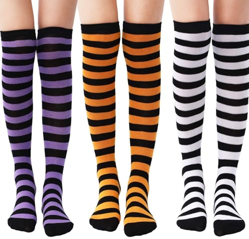 WEITAPYT Chaussettes Hautes Rayées, 3 Paires Chaussettes Longues Rayées, Chaussettess à Rayures au Genou Bas, Convient aux Costumes de Fête d'Halloween Cosplay (Jusqu'aux Genoux)