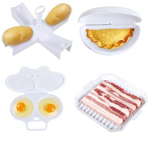 4-Piece Microwave Breakfast Set, Non-Stick Microwave Egg Poacher, Omelette Maker, Microwave Bacon Cooker & Microwave Baked Potato Cooker - Easy To Use For Quick Morning Meals(White)